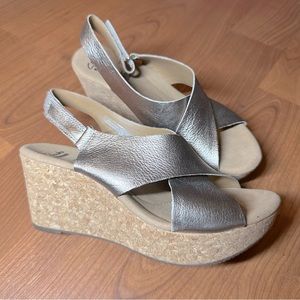 Clark’s cork heeled metallic wedges